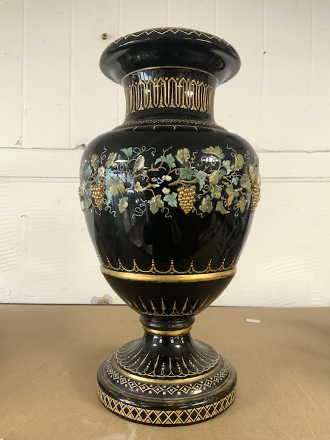 VICTORIAN GLASS VASEWITH EMBOSSED WITH VINE LEAFS AND GRAPES RAISED ON A CIRCULAR FOOT BASE; 43CM - Image 2 of 4