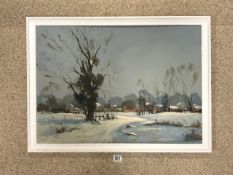 ROY PERRY (20TH CENTURY) BRITISH, OIL ON BOARD SIGNED WINTER SCENE FRAMED 82 X 61CM