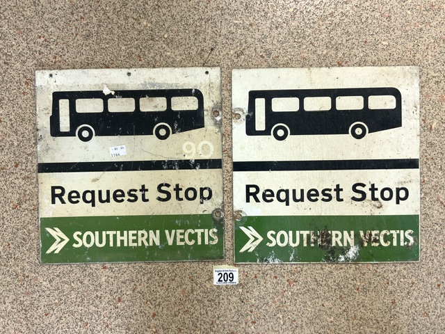 TWO VINTAGE DOUBLE SIDED ENAMEL SOUTHERN VECTIS REQUEST BUS STOPS; 32 X 30CM