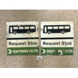 TWO VINTAGE DOUBLE SIDED ENAMEL SOUTHERN VECTIS REQUEST BUS STOPS; 32 X 30CM