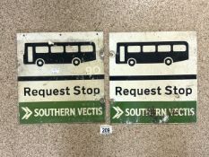 TWO VINTAGE DOUBLE SIDED ENAMEL SOUTHERN VECTIS REQUEST BUS STOPS; 32 X 30CM