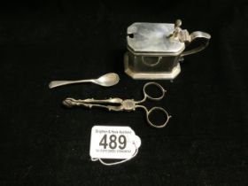 HALLMARKED SILVER SUGAR NIPS WITH A HALLMARKED SILVER MUSTARD POT AND HALLMARKED SILVER SPOON