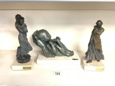 THREE BRONZED STATUES OF MOTHERS WITH CHILD, HAND WITH CHILD LARGEST 30CM
