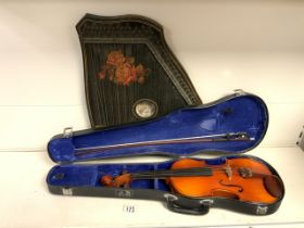 VINTAGE GUITAR - ZITHER DECORATED WITH ROSES WITH A CASE; THE STENTOR VIOLIN