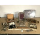 MIXED ITEMS INCLUDES SILVER PLATE MILITARY TWIN HANDLE BOWL, TOAST RACK, PHOTOFRAME, CANTERLEVER