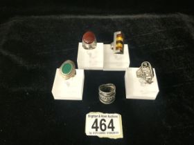 FOUR SILVER RINGS, MARKED 925, ONE HALLMARKS RUBBED, VARIOUS SHAPES AND INSET WITH STONES AND