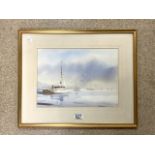 JOHN LAWRENCE 1933 WATER BOATS ON THE WATER SIGNED FRAMED AND GLAZED 53 X 43 CM