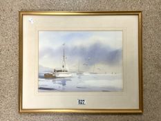JOHN LAWRENCE 1933 WATER BOATS ON THE WATER SIGNED FRAMED AND GLAZED 53 X 43 CM