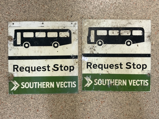 TWO VINTAGE DOUBLE SIDED ENAMEL SOUTHERN VECTIS REQUEST BUS STOPS; 32 X 30CM - Image 2 of 2