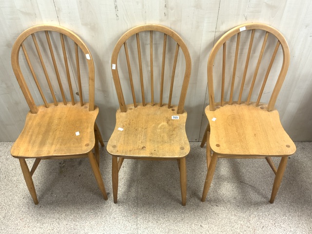 THREE VINTAGE ERCOL STICK BACK DINING CHAIRS