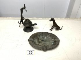 CAST BRONZE OVAL ASHTRAY DECORATED GAME BIRD; 17CM, BRONZE OIL LAMP AND BRONZE MODEL OF A DOG.