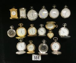 A QUANTITY OF METAL FOB WATCHES AND MINIATURE CLOCKS, VARIOUS DESIGNS