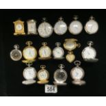 A QUANTITY OF METAL FOB WATCHES AND MINIATURE CLOCKS, VARIOUS DESIGNS