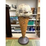 LARGE FIBREGLASS ADVERTISING ICE CREAM CONE ON RESIN BASE; HEIGHT 96CM