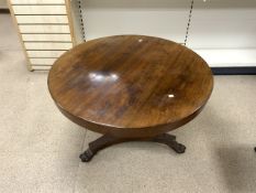 VICTORIAN ROSEWOOD TILT TOP ROUND TABLE WITH CENTER COLUMN ON PAW FEET; 107CM DIAMETER