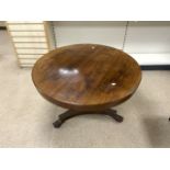 VICTORIAN ROSEWOOD TILT TOP ROUND TABLE WITH CENTER COLUMN ON PAW FEET; 107CM DIAMETER