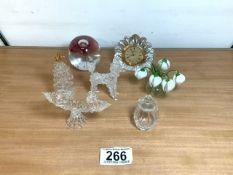 QUANTITY OF GLASS ORNAMENTS, CLOCK AND PAPERWEIGHT, POSY OF GLASS SNOW DROPS, WATERFORD CRYSTAL