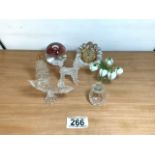 QUANTITY OF GLASS ORNAMENTS, CLOCK AND PAPERWEIGHT, POSY OF GLASS SNOW DROPS, WATERFORD CRYSTAL