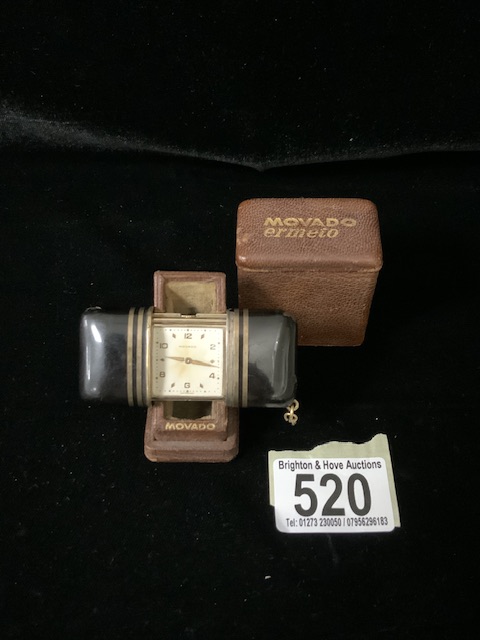 A BOXED VINTAGE ART DECO SWISS SILVER GILT TRAVELLING FOB WATCH / CLOCK, MARKED MOVADO,