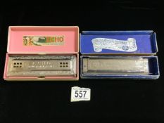TWO BOXED VINTAGE HARMONICAS COMPRISING; THE ECHO BY M. HOHNER, GERMANY AND THORENS PROFESSIONAL