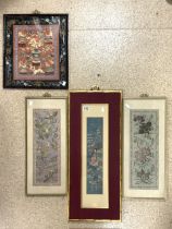 FOUR JAPANESE PANEL EMBROIDERED SILKS LARGEST; 79 X 33CM