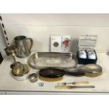 MIXED ITEMS INCLUDES HALLMARKED SILVER HAIR BRUSH WITH SILVER-PLATED ITEMS AND MORE