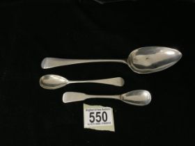 A GEORGE III STERLING SILVER OLD ENGLISH PATTERN TABLESPOON BY RICHARD CROSSLEY; LONDON 1801; LENGTH