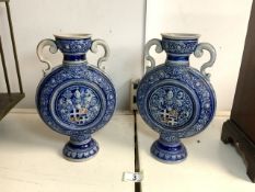 PAIR OF GERMAN BLUE SALT GLAZED TWO HANDLED MOON SHAPED VASES; 27CM