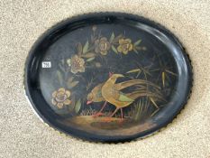 LARGE OVAL METAL TRAY PAINTED WITH BIRDS AND FLOWERS 75 X 59CM