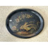 LARGE OVAL METAL TRAY PAINTED WITH BIRDS AND FLOWERS 75 X 59CM