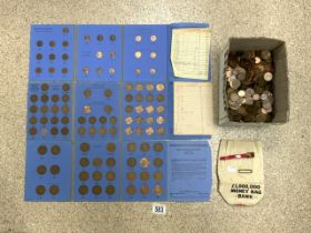 A QUANTITY OF COINS INCLUDING 3 FOLDERS OF GREAT BRITAIN PENNIES, HALFPENNIES AND FARTHINGS, AN