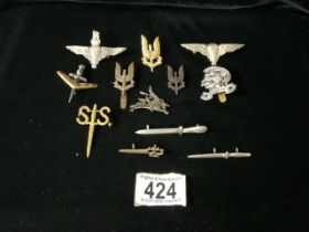 A QUANTITY OF METAL MILITARY CAR BADGES INCLUDING PARACHUTE REGIMENT, COMMANDOS, SAS, AUSTRALIAN,