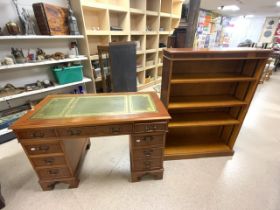 VINTAGE KNEE HOLE WRITING DESK WITH NINE DRAWERS AND MATCHING BOOKCASE; 122 X 90CM