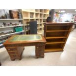 VINTAGE KNEE HOLE WRITING DESK WITH NINE DRAWERS AND MATCHING BOOKCASE; 122 X 90CM