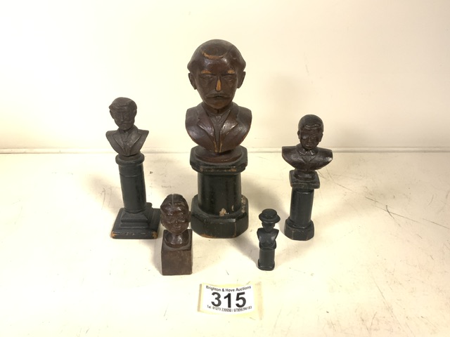 FIVE VINTAGE CARVED WOOD MINIATURE BUSTS OF GENTLEMAN ON PLINTHS; LARGEST 16.5CM - Image 2 of 2