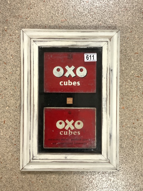 FRAMED AND GLAZED ADVERTISING OXO TINS AND CUBE; 44.5 X 31CM