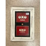 FRAMED AND GLAZED ADVERTISING OXO TINS AND CUBE; 44.5 X 31CM