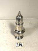AN EDWARDIAN STERLING SILVER SUGAR CASTER BY NATHAN & HAYES; CHESTER 1909, BALUSTER FORM, COVER WITH
