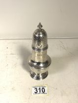 AN EDWARDIAN STERLING SILVER SUGAR CASTER BY NATHAN & HAYES; CHESTER 1909, BALUSTER FORM, COVER WITH