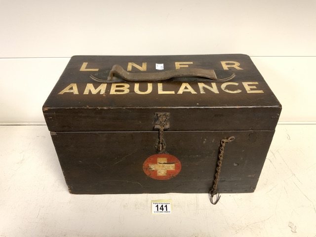 VINTAGE RAILWAY LNER WOODEN FIRST AID BOX; 40 X 23CM