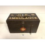 VINTAGE RAILWAY LNER WOODEN FIRST AID BOX; 40 X 23CM