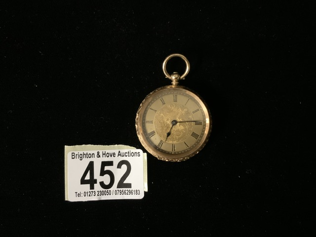 A VINTAGE SWISS 14 CARAT GOLD CASED LADIES FOB WATCH; MARKED 14 K; THE DIAL WITH ROMAN NUMERALS