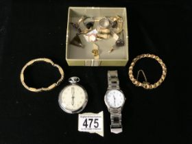 A QUANTITY OF COSTUME JEWELLERY AND WATCHES INCLUDING A BRACELET MARKED BIRKS, TWO PAIRS OF