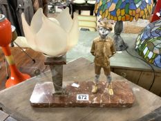 VINTAGE PINK MARBLE BASE LAMP WITH SPELTER FIGURE