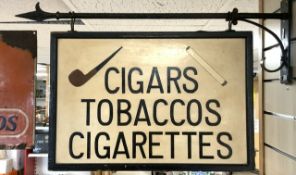 VINTAGE DOUBLE SIDED WOODEN HANGING ADVERTISING SIGN FOR TOBACCO, CIGARETTES INCLUDES BRACKET 53 X