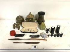 MIXED METALWARE INCLUDES BRASS SQUARE INKWELL, CHINESE MINIATURE FIGURES AND MORE