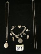 A QUANTITY OF SILVER JEWELLERY INCLUDING; A CHARM BRACELET, THE HEART SHAPED LOCK; LONDON 1978, A