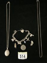 A QUANTITY OF SILVER JEWELLERY INCLUDING; A CHARM BRACELET, THE HEART SHAPED LOCK; LONDON 1978, A