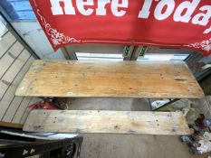 VINTAGE WOODEN TABLE WITH METAL FOLDING LEGS AND MATCHING BENCH 174 X 45CM