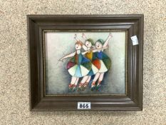 J RAY BAZ, OIL ON CANVAS OF COMICAL AND COLOURFUL LADIES DANCING 33 X 28CM